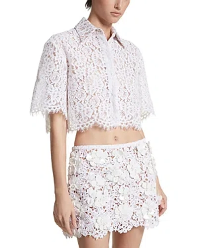 Michael Kors Corded Lace Cropped Short Sleeve Button Down Shirt In Optic White