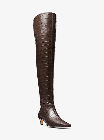 Michael Kors Cosmo Crocodile Embossed Leather Boot In Brown