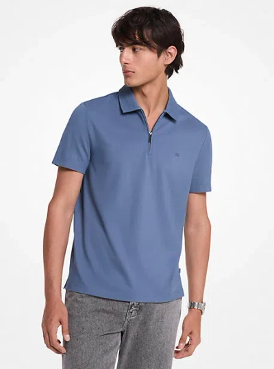 Michael Kors Cotton Blend Piqué Zip-up Polo Shirt In Blue