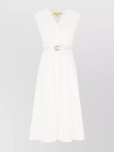 Michael Kors Cotton Dress With Belted Waist And Pleated Skirt In White