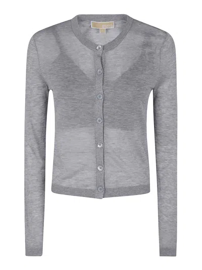 Michael Kors Cotton Silk Crew Neck Cardigan In Grey