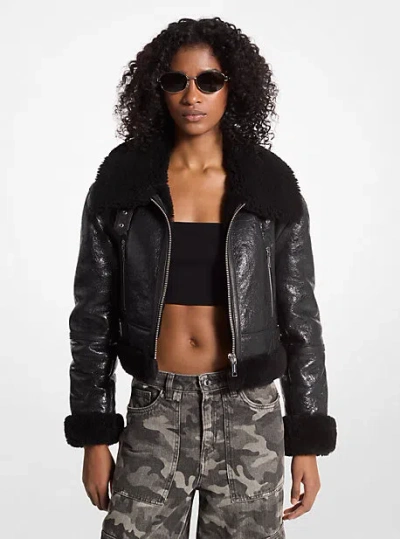 Michael Kors Crackled Leather And Shearling Cropped Jacket In Black