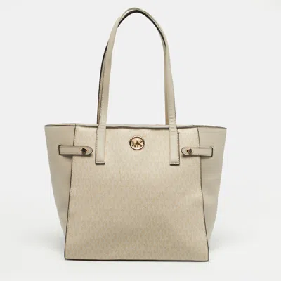 Pre-owned Michael Kors Cream/beige Signature Coated Canvas Carmen Tote In White