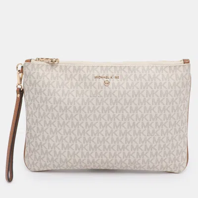 Pre-owned Michael Kors Cream/brown Coated Canvas And Leather Slater 2-in-1 Wristlet Clutch In White