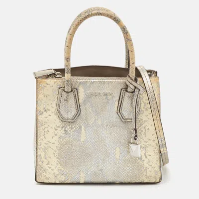 Pre-owned Michael Kors Cream/silver Python Embossed Leather Small Mercer Tote