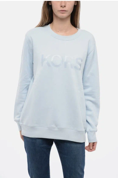 Michael Kors Crew Neck Fleeced Cotton Blend Sweatshirt With Printed Logo In Blue