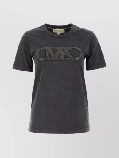 Michael Kors Crew-neck Organic Cotton T-shirt With Front Jewel Embellishment In Grey