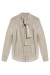 Michael Kors Crinkled Metallic Georgette Tie-neck Blouse In Dune