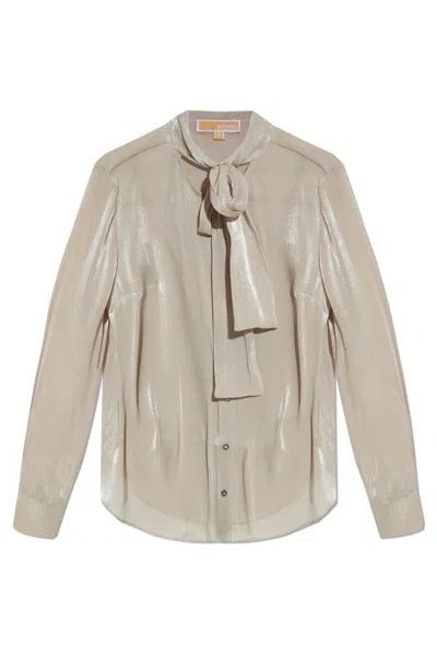 Michael Kors Crinkled Metallic Georgette Tie-neck Blouse In Neutral