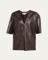 Michael Kors Crocco Leather V-neck Top In Brown