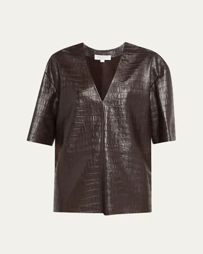 Michael Kors Crocco Leather V-neck Top In Brown
