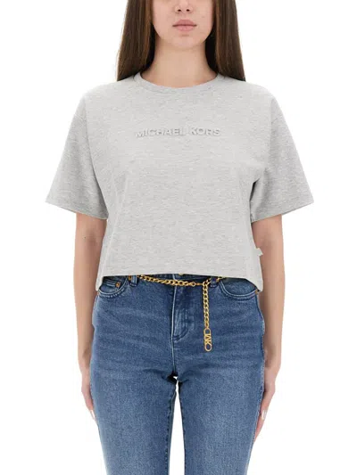 Michael Kors Cropped T-shirt With Embossed Logo In Gray
