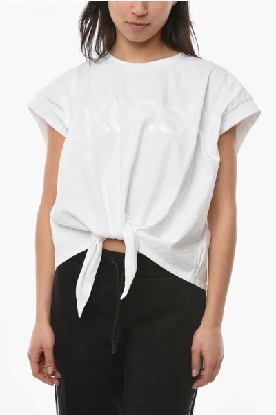 Michael Kors Cropped T-shirt With Knot And Ton-sur-ton Logo In White