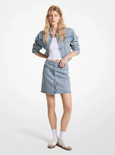 Michael Kors Crystal Embellished Washed Denim Mini Skirt In Blue