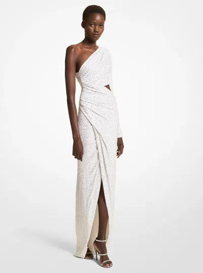 Michael Kors Crystal Embroidered Stretch Jersey Asymmetric Gown In White
