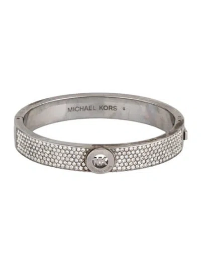 Pre-owned Michael Kors Crystal Pave Logo Heritage Fulton Hinged Bangle Bracelet, 6.5" In Multicolor
