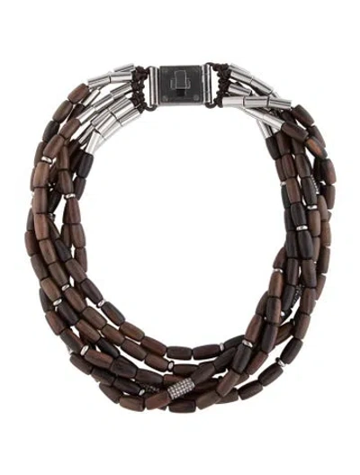 Pre-owned Michael Kors Crystal Wood & Leather Beaded Necklace, 20" In Brown