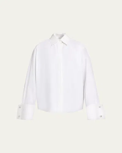 Michael Kors Crystal-cufflink Frayed Cotton Button-down Shirt In White