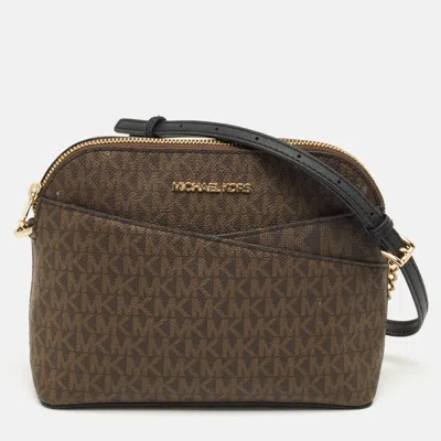 Pre-owned Michael Kors Dark Brown Signature Coated Canvas Jet Set Travel Dome Crossbody Bag
