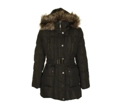 Pre-owned Michael Kors Dark Moss Tan Faux-fur-trim Belted Puffer Coat (women's Xxs Green) In Not Available