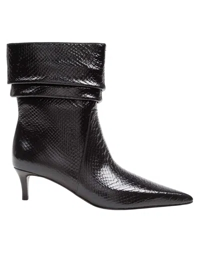 MICHAEL KORS DAWN HEELED ANKLE BOOT IN CROCODILE-PRINT LEATHER, COLOR BLACK