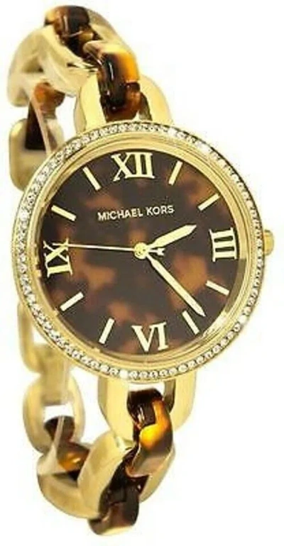Pre-owned Michael Kors Delaney Gold+acrylic Tortoise Shell Chain Link+crystal Watch Mk4281