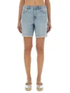Michael Kors Light Wash Denim Shorts With Fringed Hem In Navy