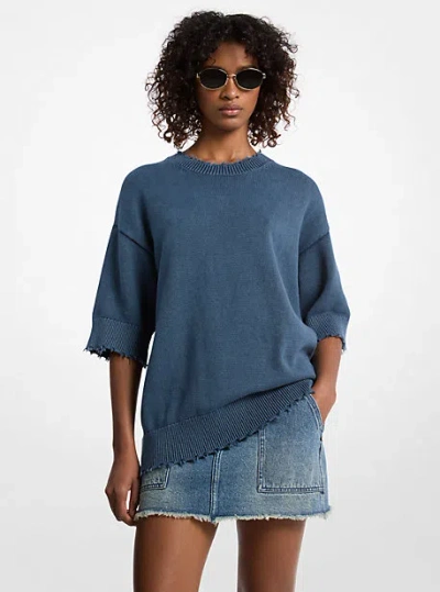 Michael Kors Distressed Garment-dyed Cotton And Cashmere Blend Sweater In Blue