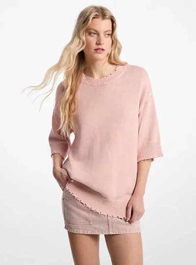 Michael Kors Distressed Garment-dyed Cotton And Cashmere Blend Sweater In Pink