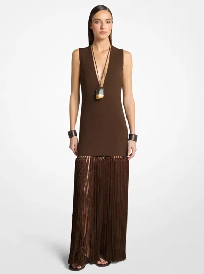 Michael Kors Deep V-neck Wool Crepe Tassel Maxi Dress In Brown
