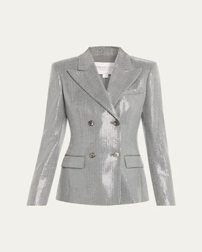 Michael Kors Double-breasted Pinstripe Sequin Jacket In Silver