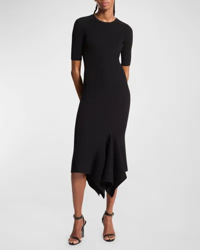 Michael Kors Draped Asymmetric Wool Midi Dress In Black