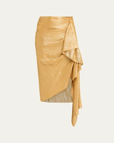 Michael Kors Draped Metallic Lame Midi Skirt In Brown