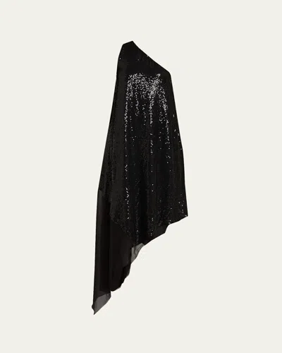 Michael Kors Draped One-shoulder Sequin Midi Dress In Black