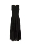 Michael Kors Black Crewneck Sleeveless Long Dress With Ruches And Ruffled Skirt In Tech Fabric Woman In Black