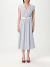 Michael Kors Striped Cotton Poplin Belted Midi Dress In Blue