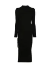 Michael Kors Black Crewneck Midi Dress With Ruched Detail In Wool Woman In Black