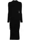 Michael Kors Black Crewneck Midi Dress With Ruched Detail In Wool Woman In Black