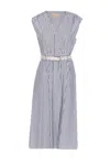 Michael Kors Striped Cotton Poplin Belted Midi Dress In Blue