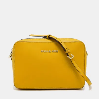 Pre-owned Michael Kors East West Jet Set Large Mustard Leather Crossbody Bag In Yellow