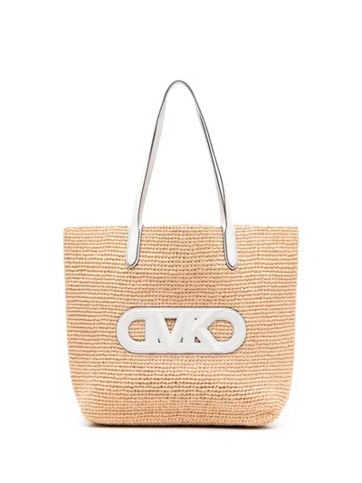 Michael Kors Eliza Extra-large Straw Tote Bag With Empire Logo In Beige