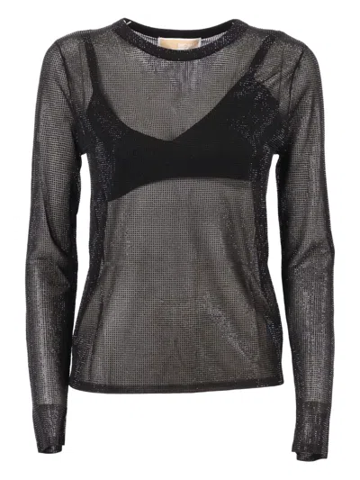 Michael Kors Embellished Mesh Long-sleeve Top In Black