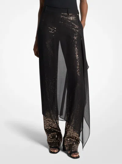 Michael Kors Embellished Tissue Wool Crepe And Silk Voile Veiled Trousers In Black