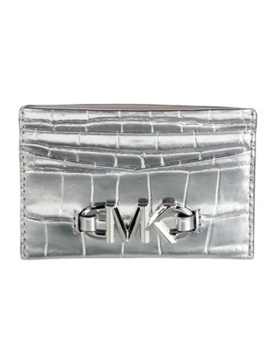 Pre-owned Michael Kors Embossed Leather Animal Print Card Holder In Silver