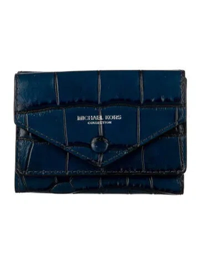 Pre-owned Michael Kors Embossed Leather Animal Print Compact Wallet In Blue