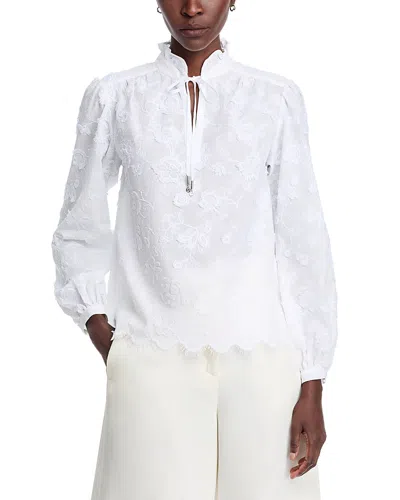 Michael Kors Embroidered Cotton Frill Blouse In White