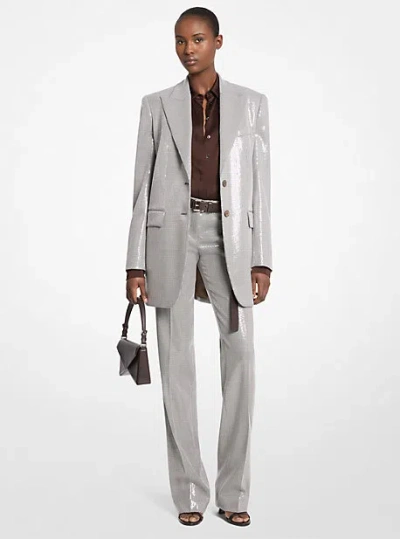 Michael Kors Embroidered Sequin Dogtooth Stretch Wool Boyfriend Blazer In Brown