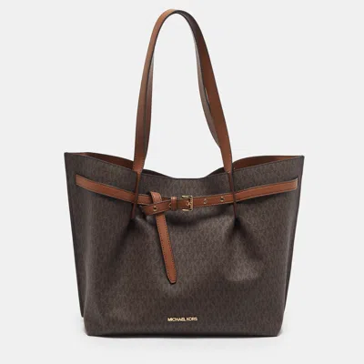 Pre-owned Michael Kors Emilia Large Brown Signature Coated Canvas And Leather Tote
