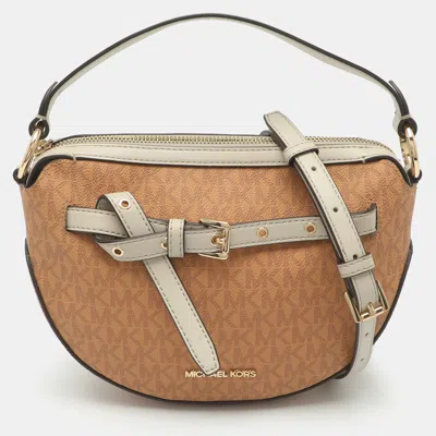 Pre-owned Michael Kors Emilia Medium Tan/light Beige Coated Canvas And Leather Crossbody Bag In Brown