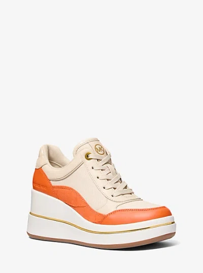 Michael Kors Emmy Leather And Canvas Wedge Trainer In Orange